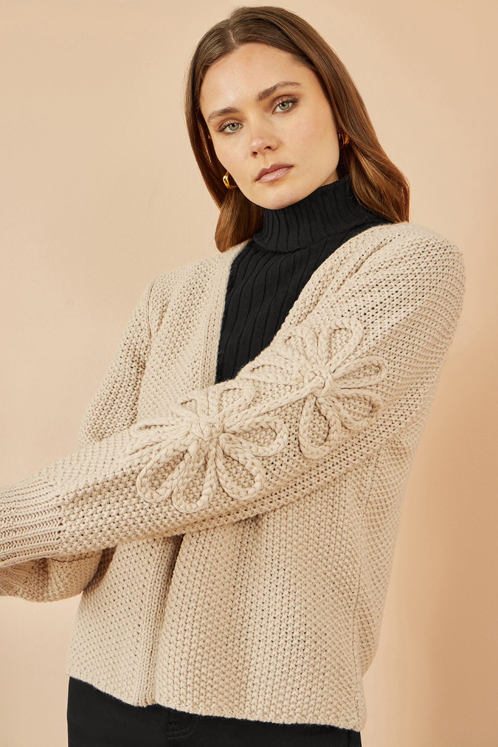 Yumi Beige Edge to Edge Cardigan With Flower Detail Sleeves - QHA UK