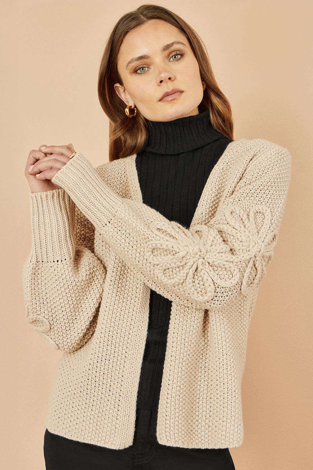 Yumi Beige Edge to Edge Cardigan With Flower Detail Sleeves - QHA UK