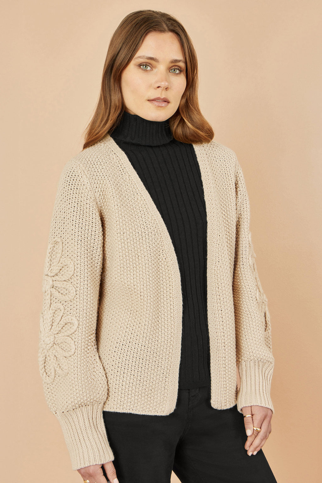 Yumi Beige Edge to Edge Cardigan With Flower Detail Sleeves