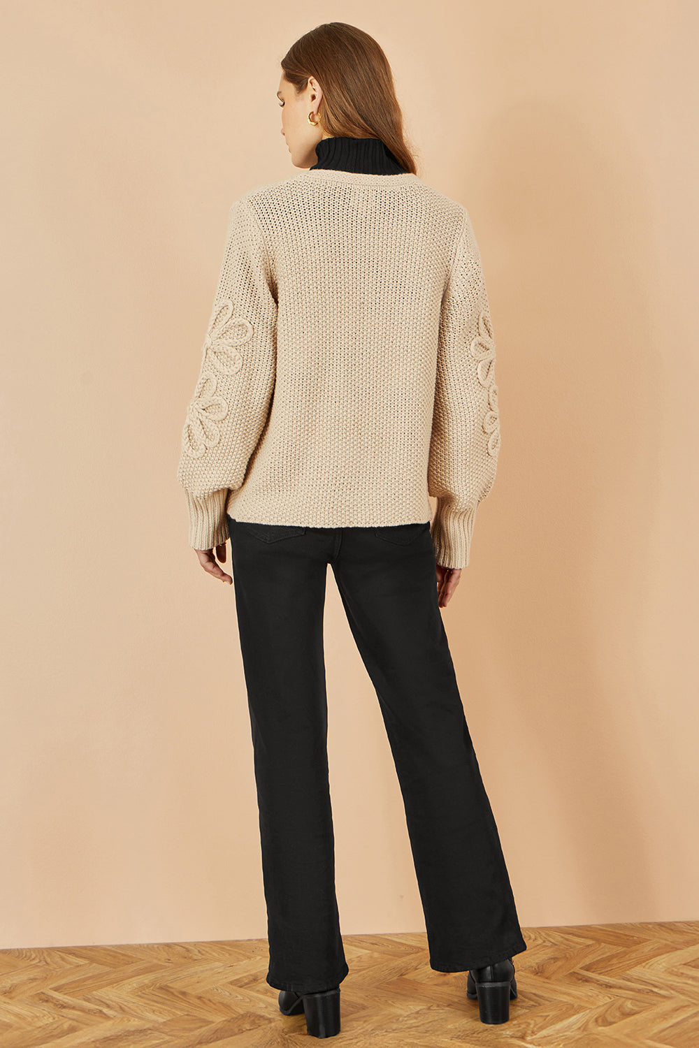 Yumi Beige Edge to Edge Cardigan With Flower Detail Sleeves - QHA UK
