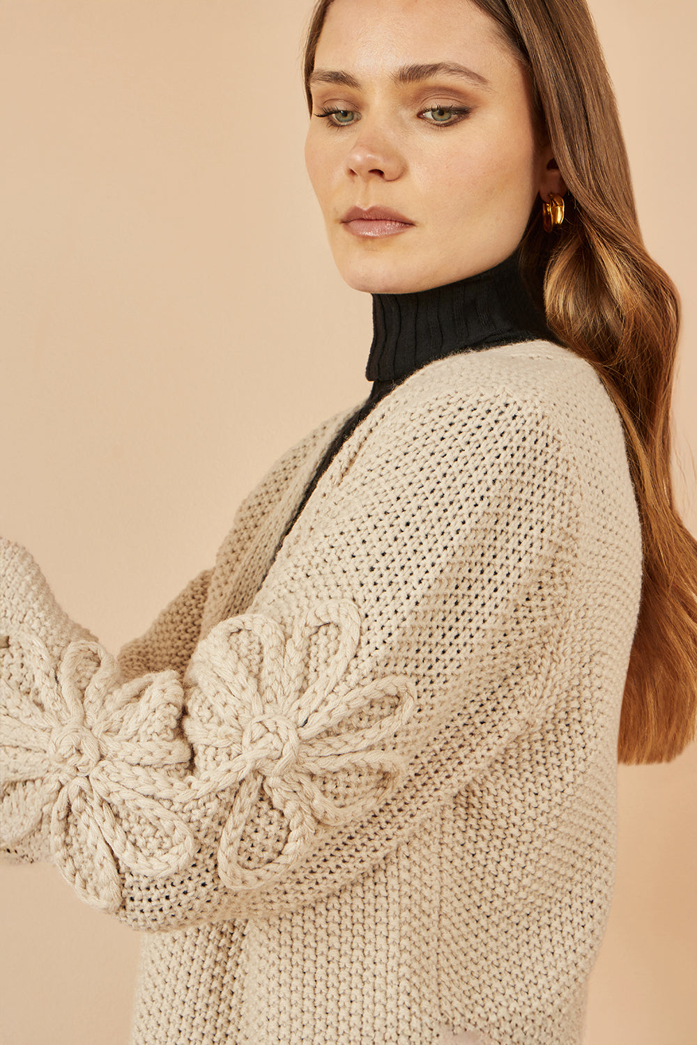Yumi Beige Edge to Edge Cardigan With Flower Detail Sleeves - QHA UK