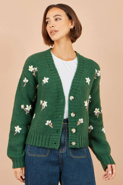 Yumi Women's Green Hand Embroidered Floral Chunky Knit V-Neck Cardigan
