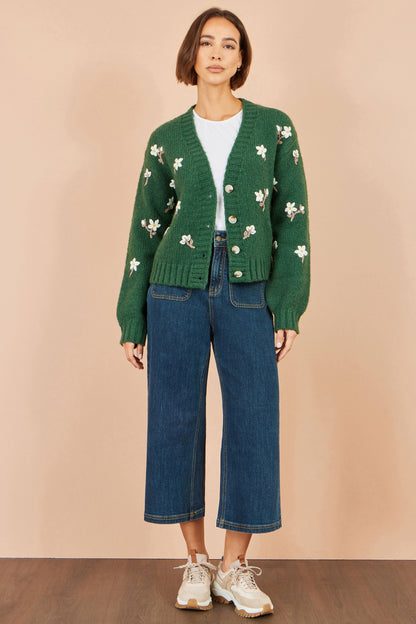 Yumi Women's Green Hand Embroidered Floral Chunky Knit V-Neck Cardigan