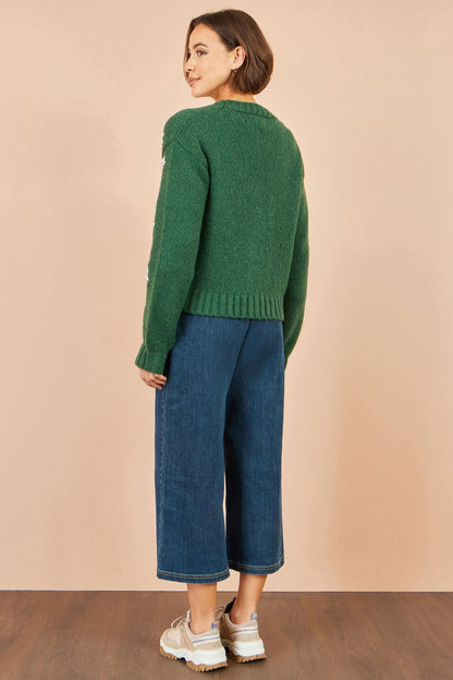 Yumi Women's Green Hand Embroidered Floral Chunky Knit V-Neck Cardigan