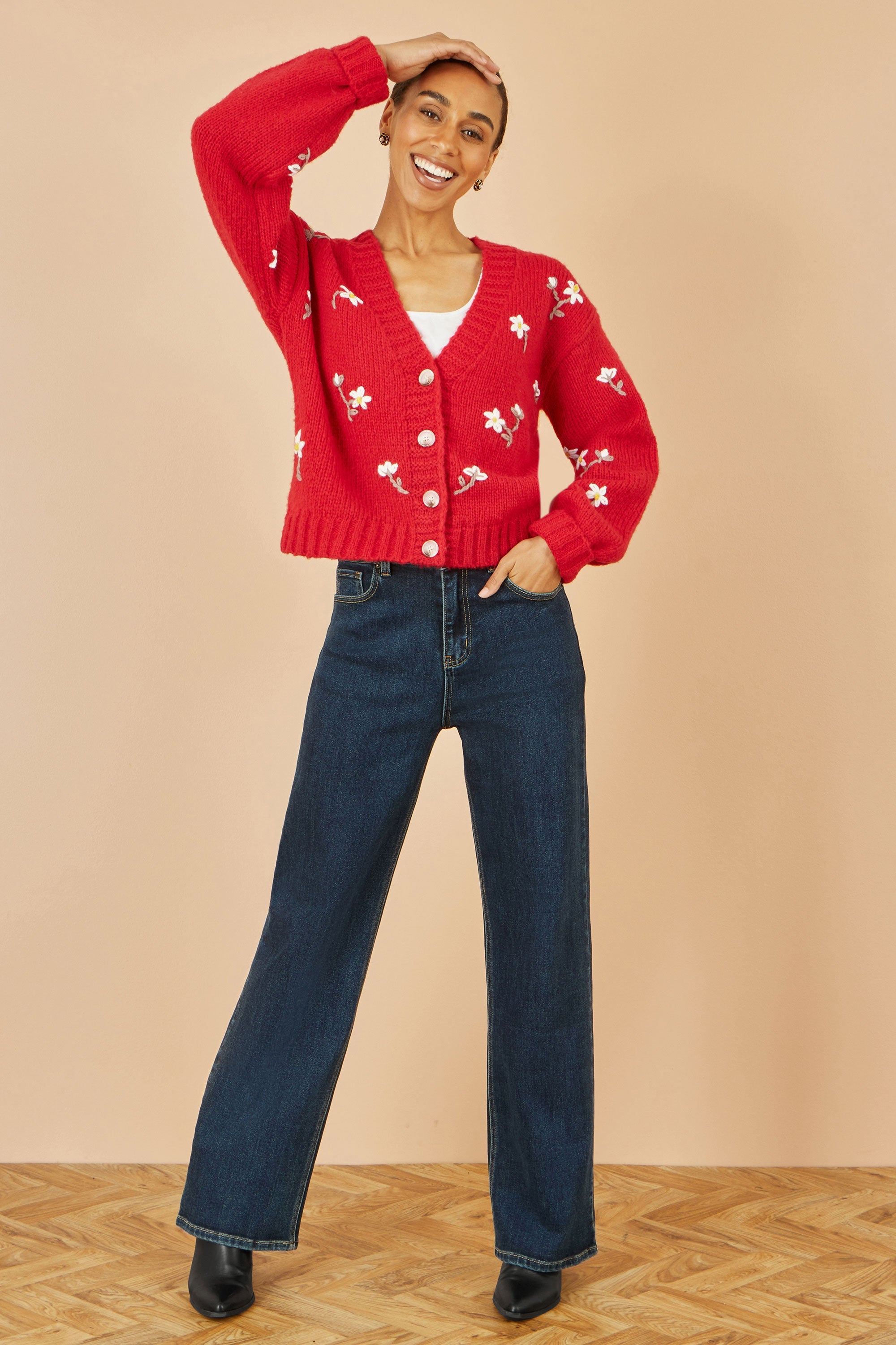 Yumi Red Hand Embroidered Chunky Knitted Cardigan