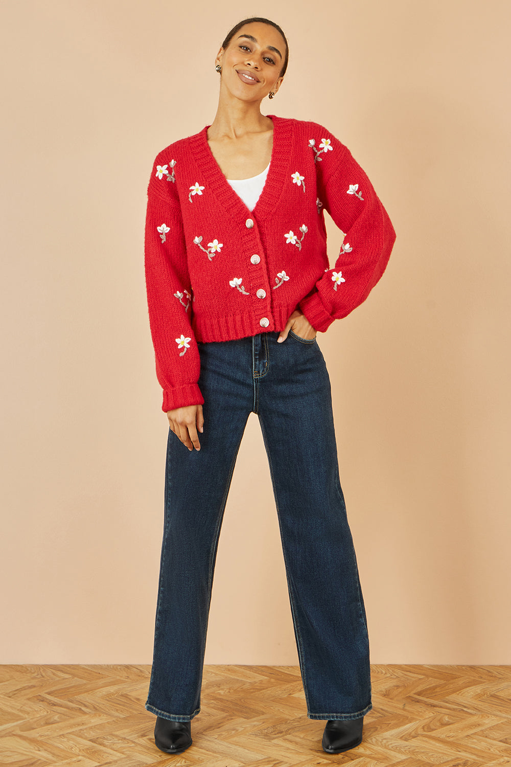 Yumi Red Hand Embroidered Chunky Knitted Cardigan