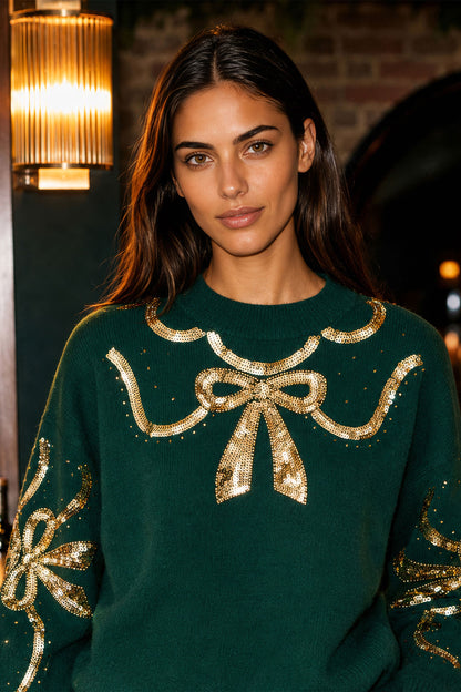 Yumi Women’s Green Relaxed Fit Knitted Jumper with Sequinned Bow Neckline