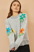 Yumi Grey Striped Relaxed Fit Jumper With Flowers - QHA UK