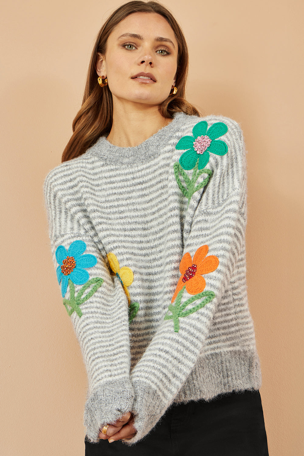 Yumi Grey Striped Relaxed Fit Jumper With Flowers - QHA UK