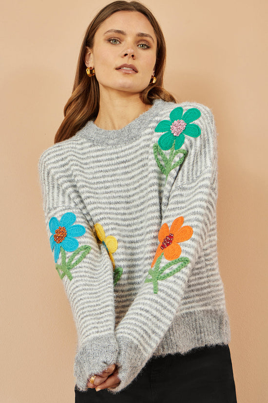 Yumi Grey Striped Relaxed Fit Jumper With Flowers - QHA UK