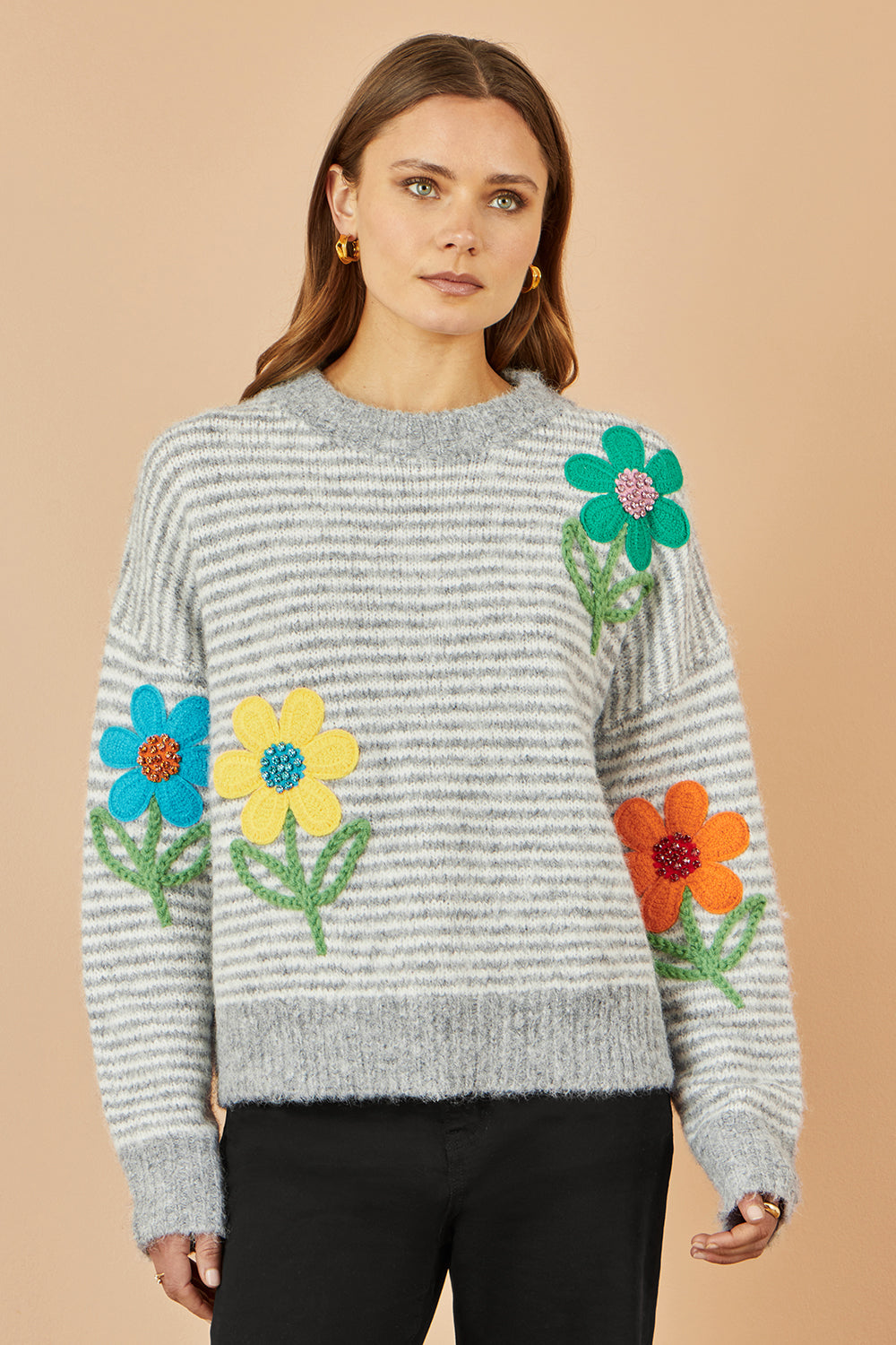 Yumi Grey Striped Relaxed Fit Jumper With Flowers - QHA UK