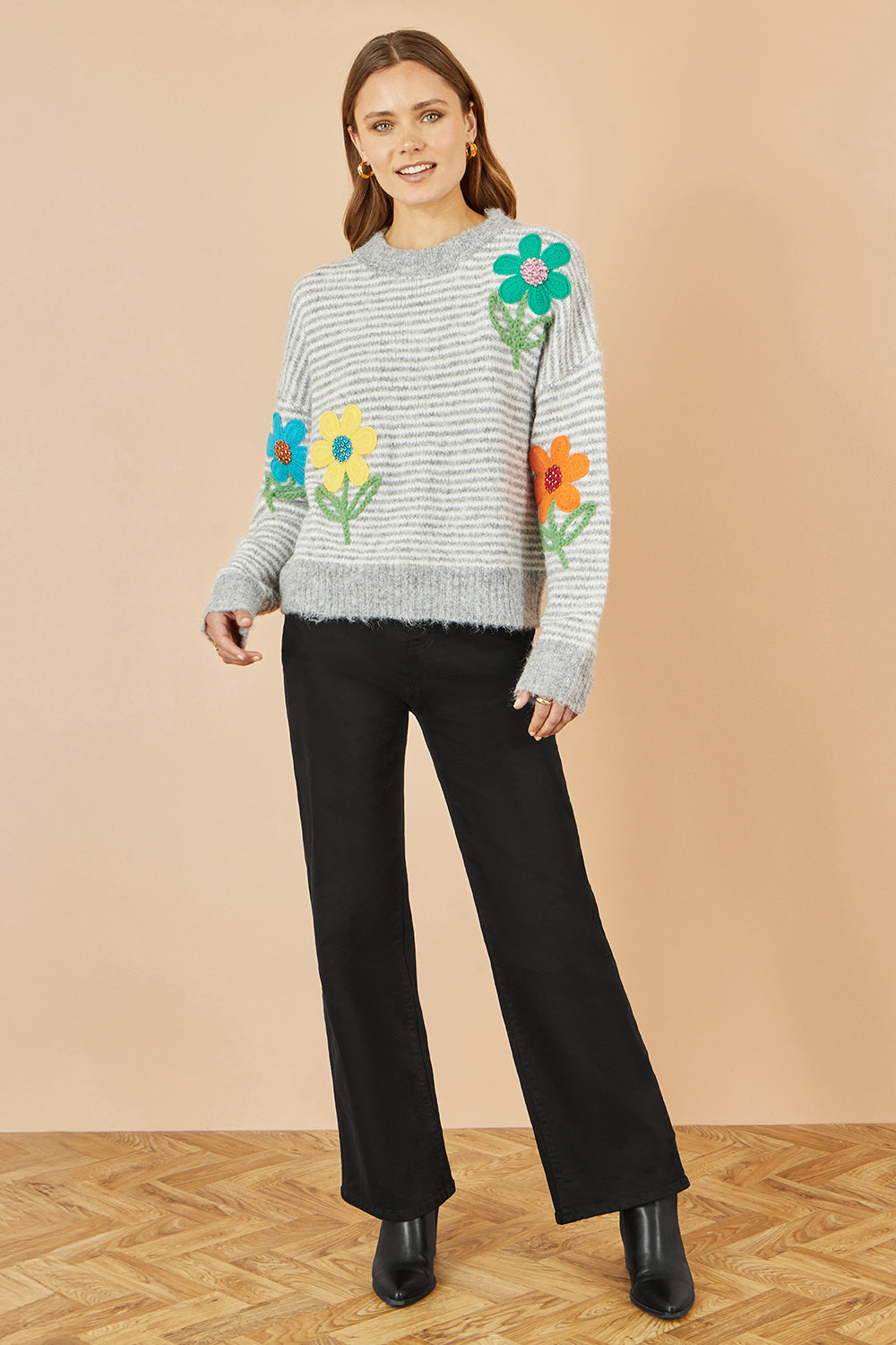 Yumi Grey Striped Relaxed Fit Jumper With Flowers - QHA UK