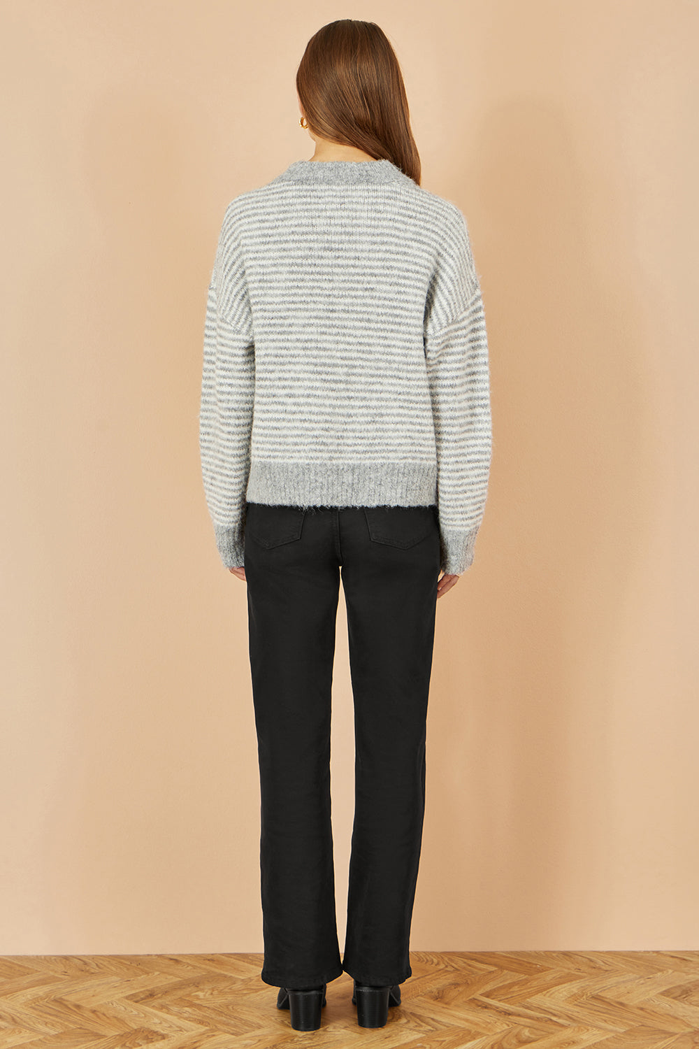 Yumi Grey Striped Relaxed Fit Jumper With Flowers - QHA UK