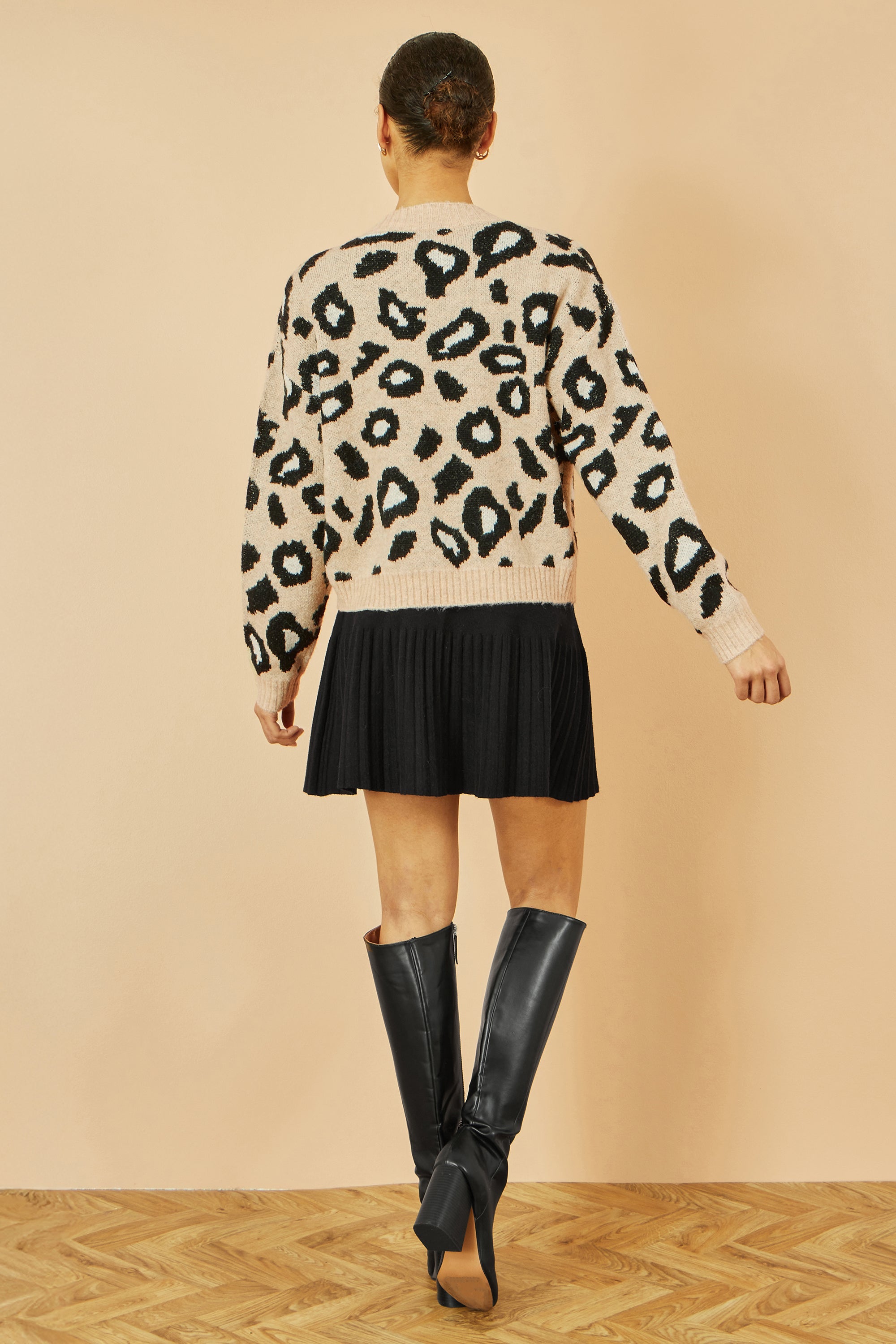 Yumi Beige Animal Print Intarsia Tie Front Cardigan