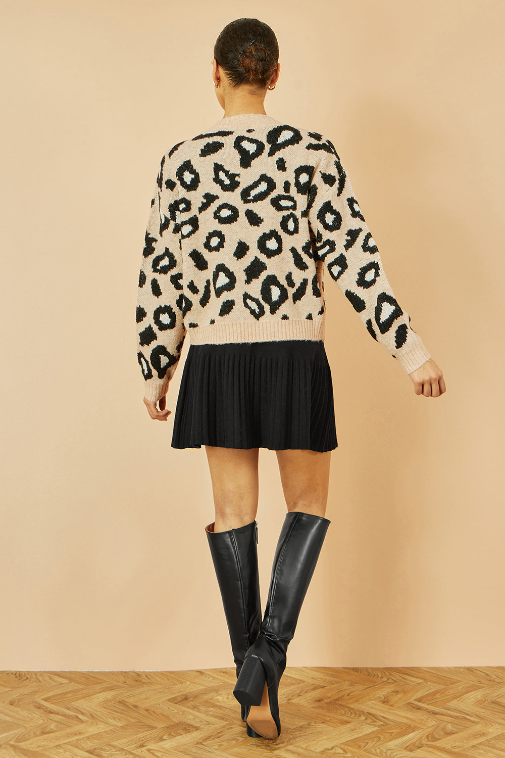 Yumi Beige Animal Print Intarsia Tie Front Cardigan - QHA UK