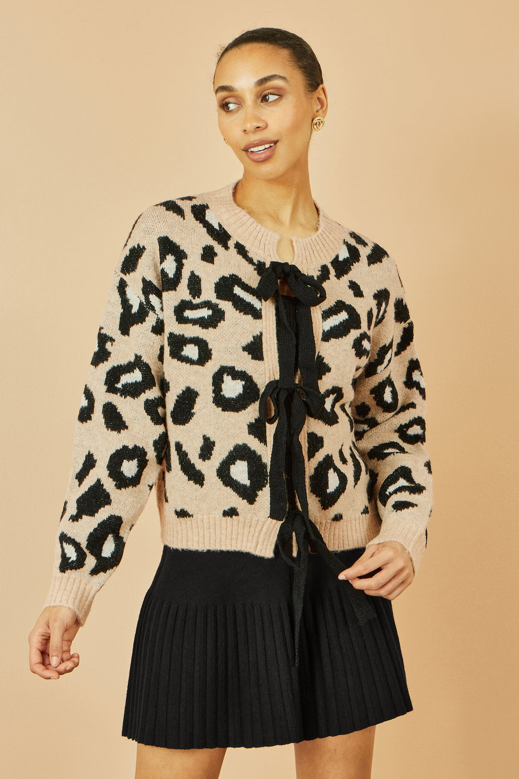 Yumi Beige Animal Print Intarsia Tie Front Cardigan - QHA UK