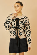 Yumi Beige Animal Print Intarsia Tie Front Cardigan - QHA UK