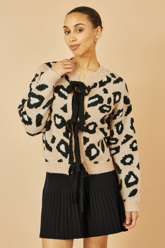 Yumi Beige Animal Print Intarsia Tie Front Cardigan - QHA UK