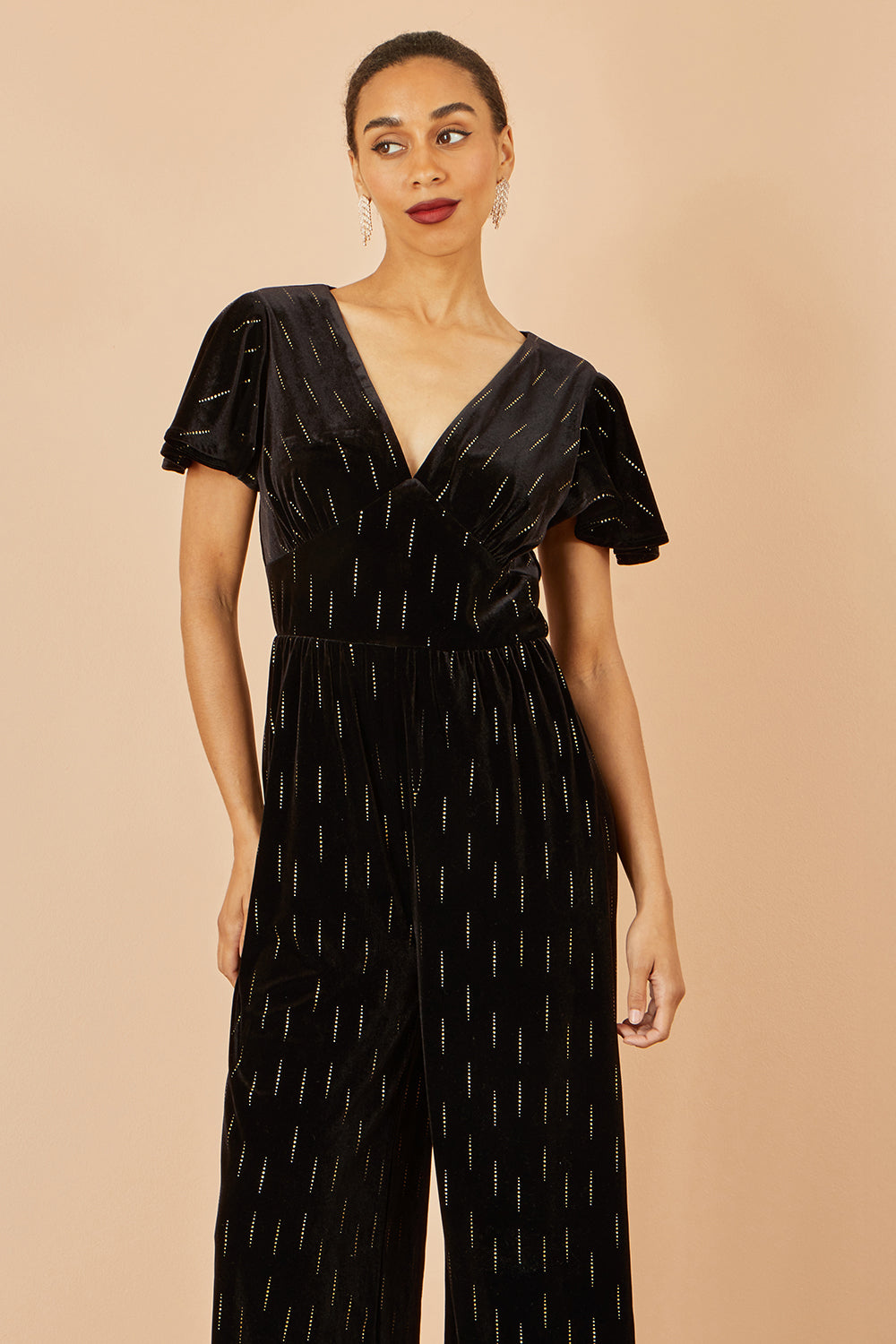 Yumi Black Foil Print Velvet Jumpsuit - QHA UK