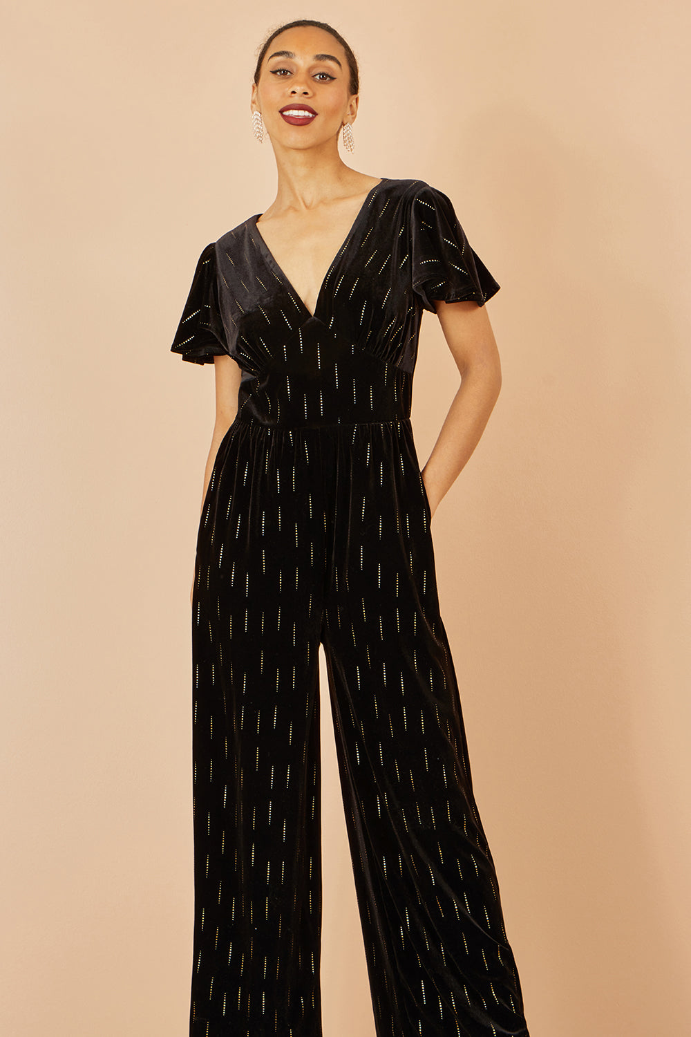 Yumi Black Foil Print Velvet Jumpsuit - QHA UK