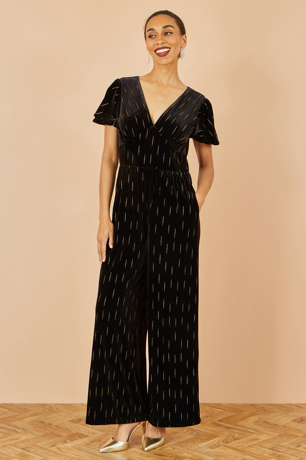 Yumi Black Foil Print Velvet Jumpsuit - QHA UK