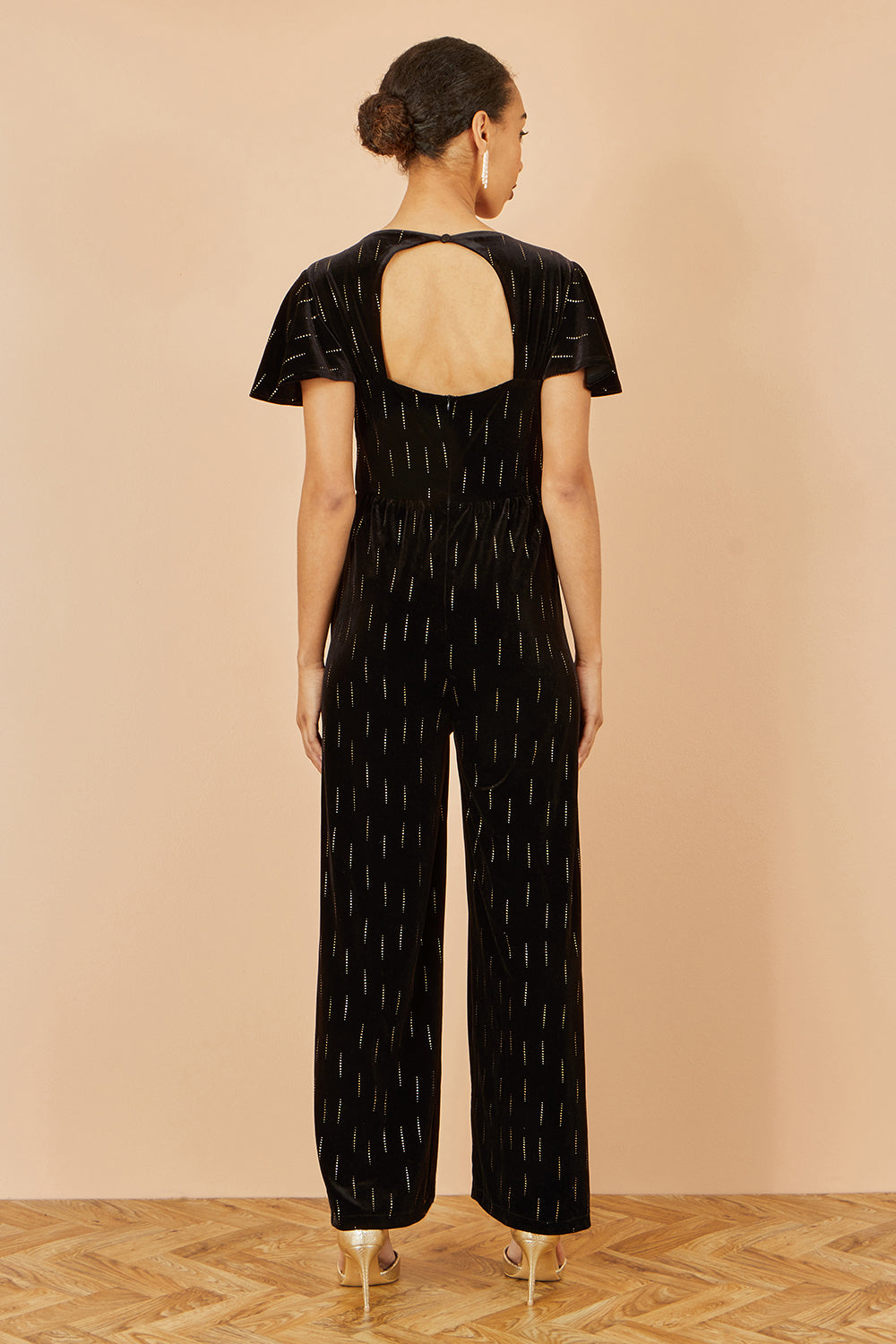 Yumi Black Foil Print Velvet Jumpsuit - QHA UK