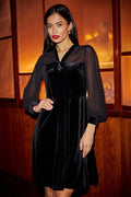 Yumi Black Velvet Pussy bow Sheer Sleeves Skater Dress - QHA UK