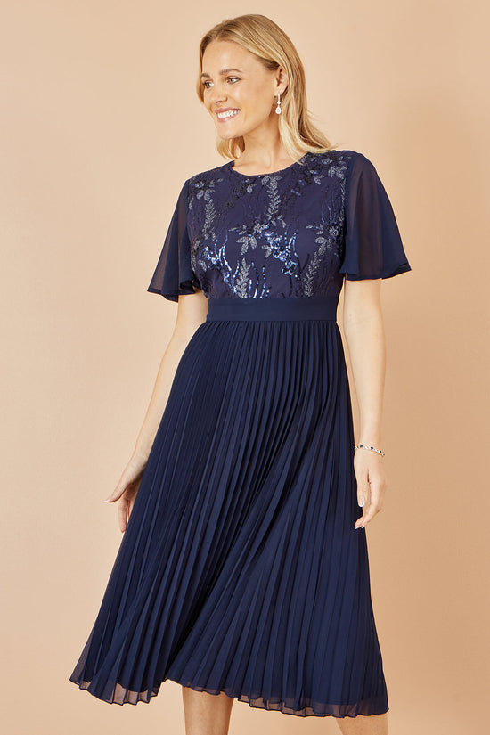 Yumi Navy Sequin Embellished Panel Pleated Midi Dress - QHA UK