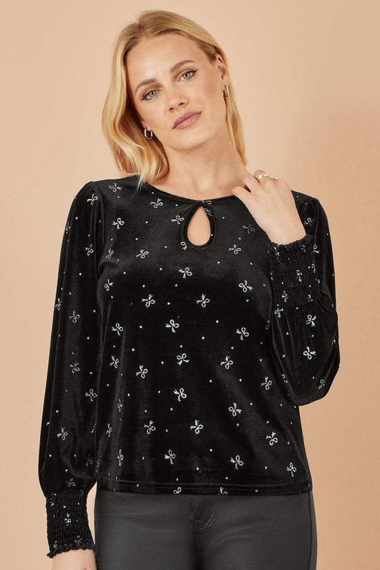 Yumi Black Sparkle Bow Print Velvet Top - QHA UK