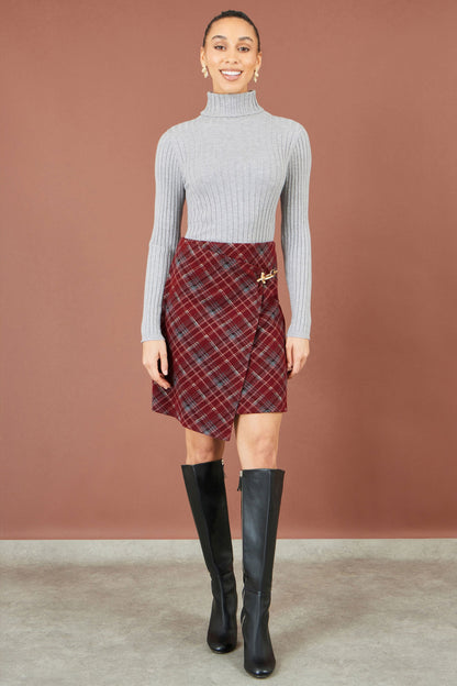 Yumi Women's Burgundy Check Wrap Mini Skirt with Gold Clasp