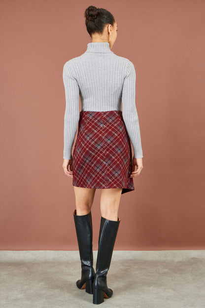 Yumi Women's Burgundy Check Wrap Mini Skirt with Gold Clasp