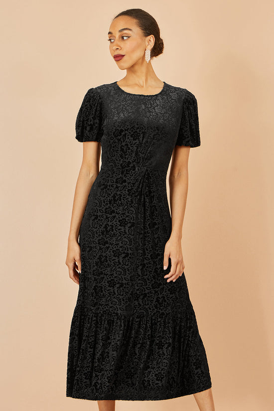 Yumi Black Floral Velour Velvet Twist Waist Midi Dress - QHA UK