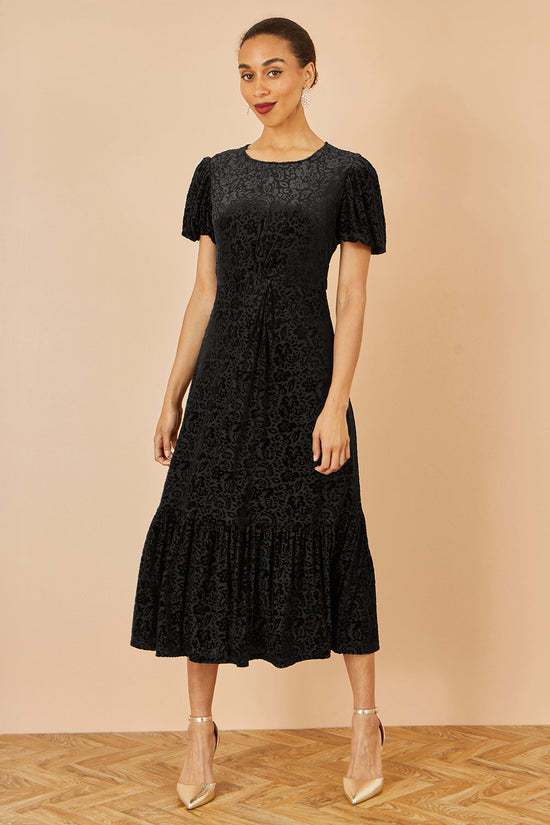 Yumi Black Floral Velour Velvet Twist Waist Midi Dress - QHA UK