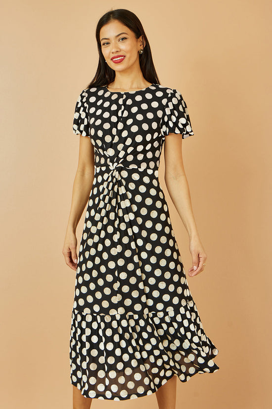 Yumi Black Velvet Spot Print Twist Knot Waist Midi Dress - QHA UK