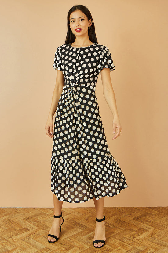 Yumi Black Velvet Spot Print Twist Knot Waist Midi Dress - QHA UK