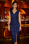 Yumi Navy Sequin Fitted Wrap Dress With Split Hem - QHA UK
