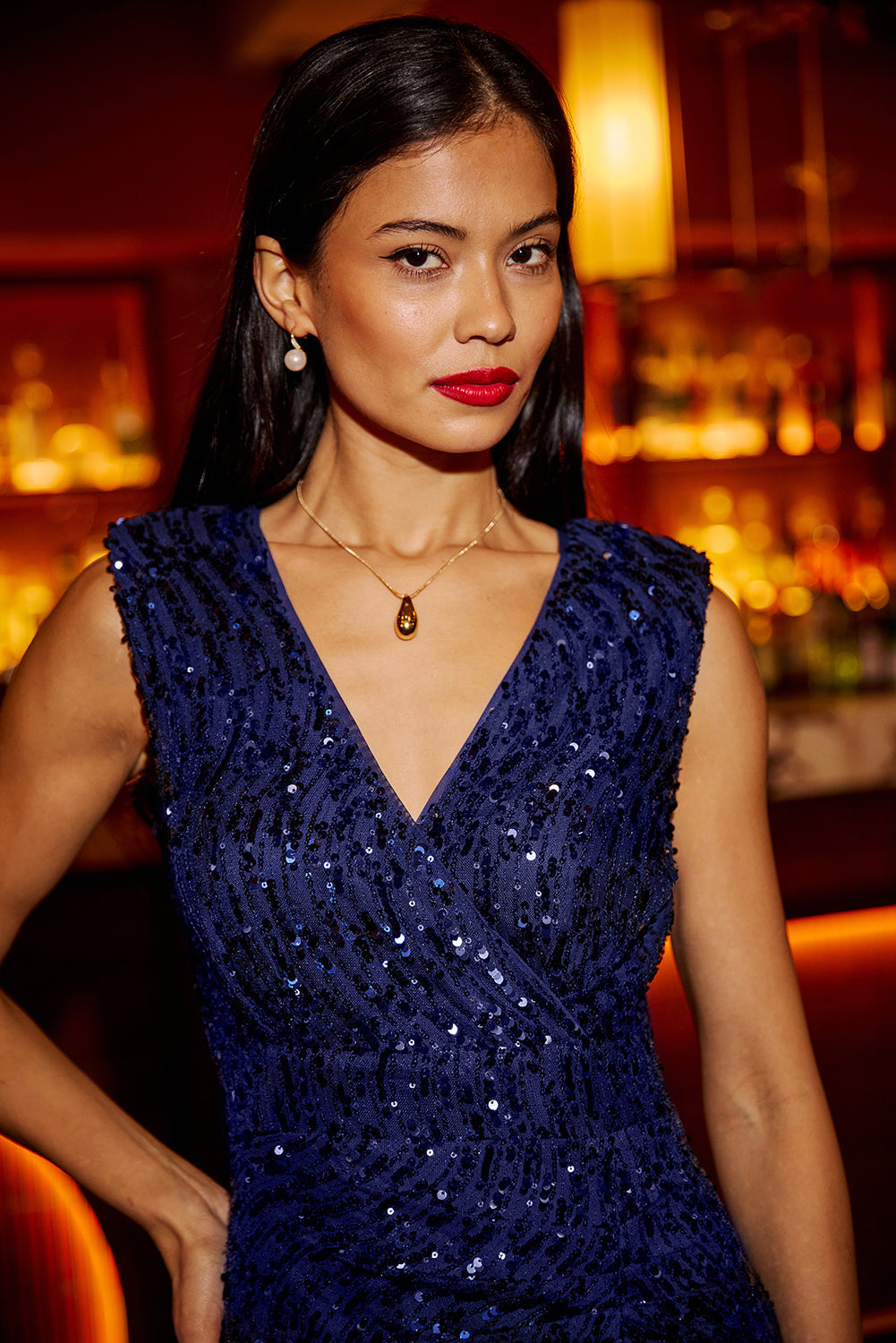 Yumi Navy Sequin Fitted Wrap Dress With Split Hem - QHA UK