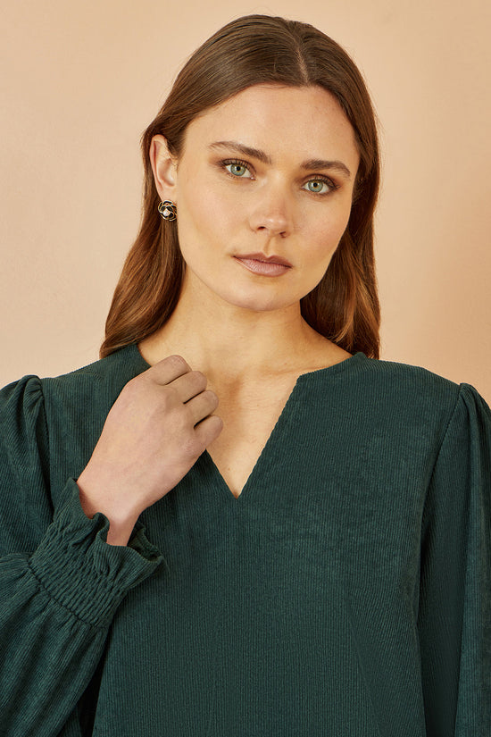 Yumi Green Cord Tunic With Ruched Sleeve - QHA UK