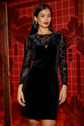 Yumi Black Fitted Velvet Dress With Sheer Floral Sleeves - QHA UK