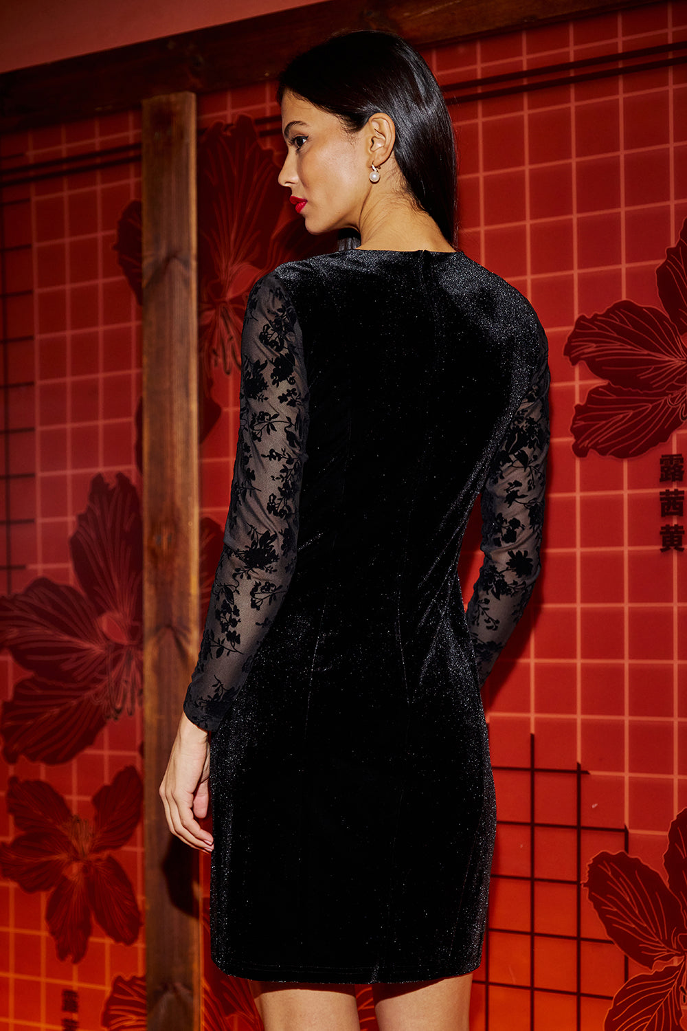 Yumi Black Fitted Velvet Dress With Sheer Floral Sleeves - QHA UK