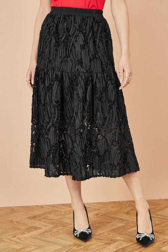 Yumi Black Mesh Applique Sequin Midi Skirt - QHA UK