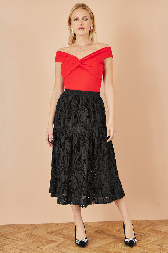 Yumi Black Mesh Applique Sequin Midi Skirt - QHA UK