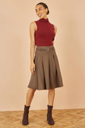 Yumi Brown Pleated Midi Skirt With Matching Belt - QHA UK