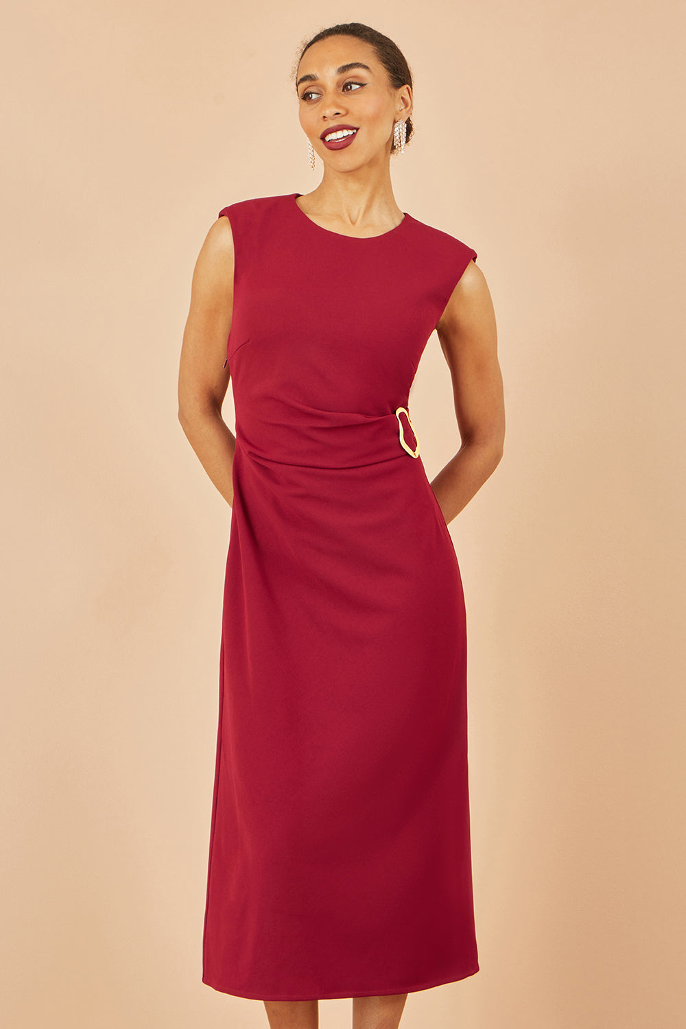 Yumi Burgundy Buckle Detail Ruched Dress - QHA UK