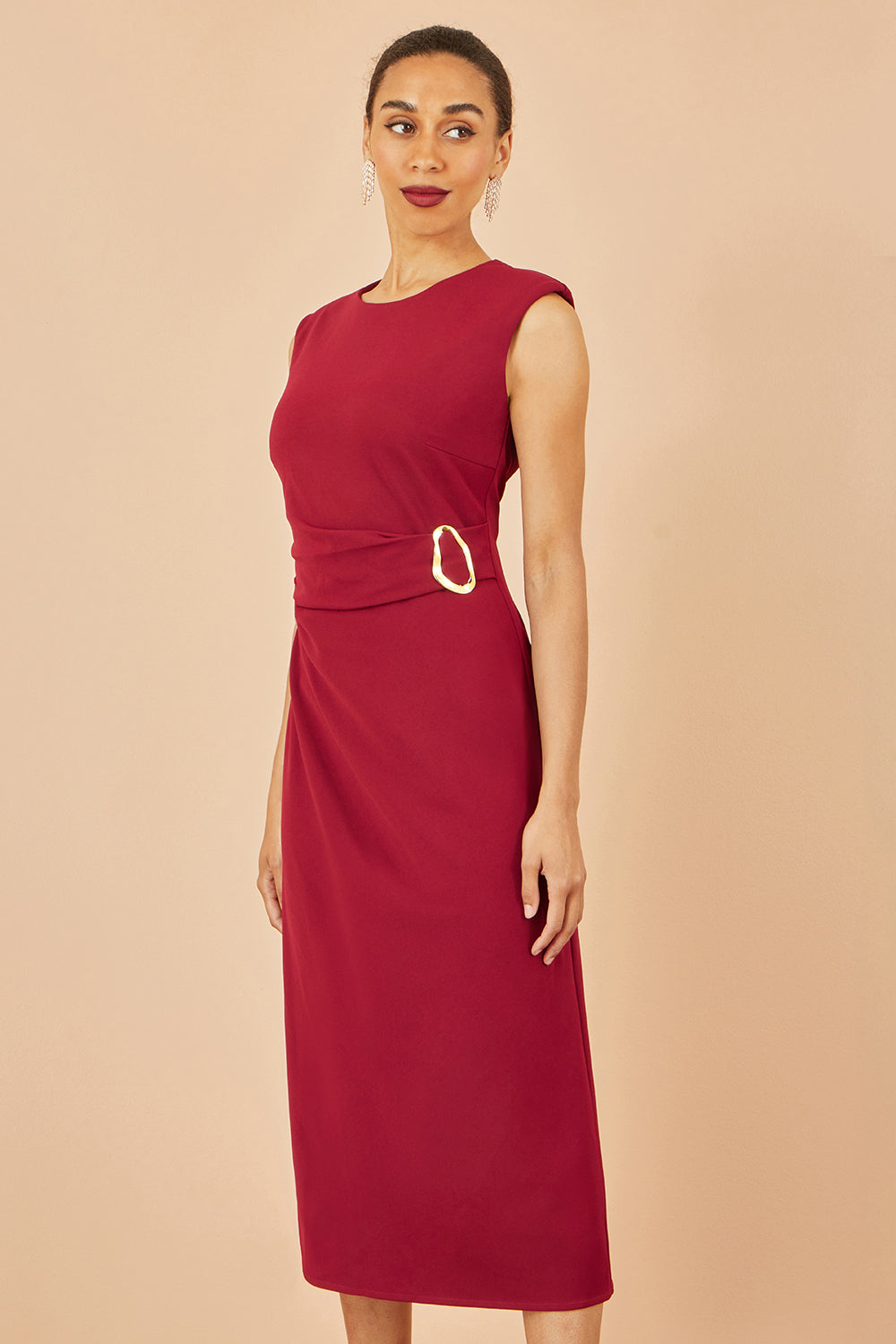 Yumi Burgundy Buckle Detail Ruched Dress - QHA UK
