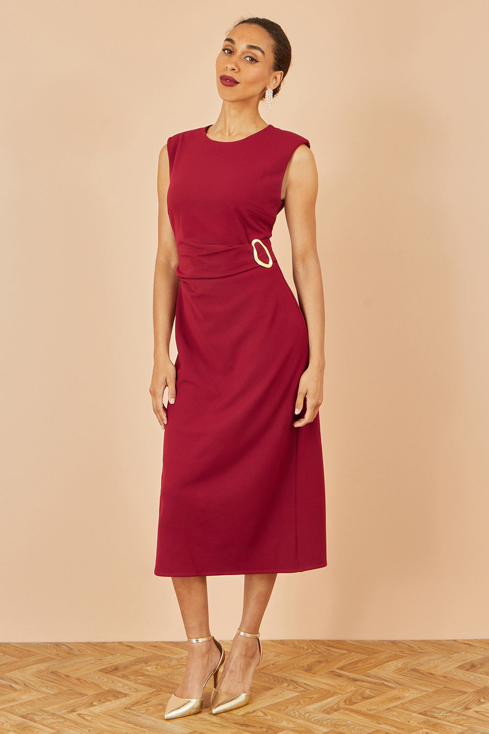 Yumi Burgundy Buckle Detail Ruched Dress - QHA UK