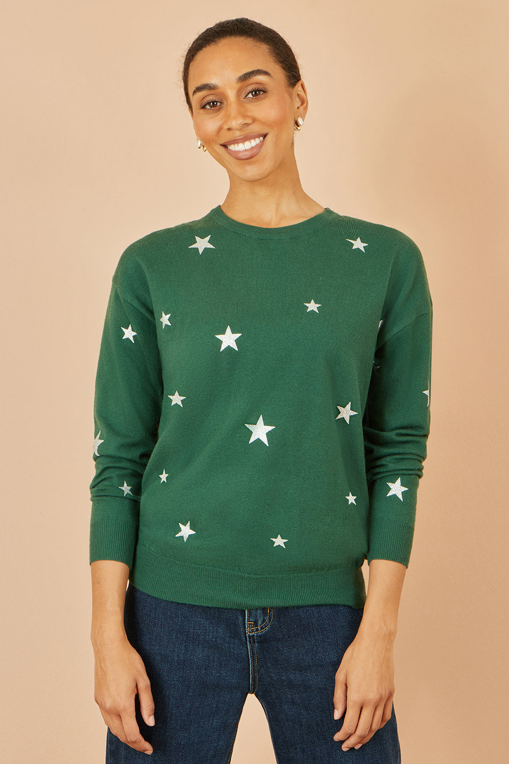 Yumi Womens Star Print Jumper Gold Foil Soft Knit Casual Fine Knit Sweater - QHA UK