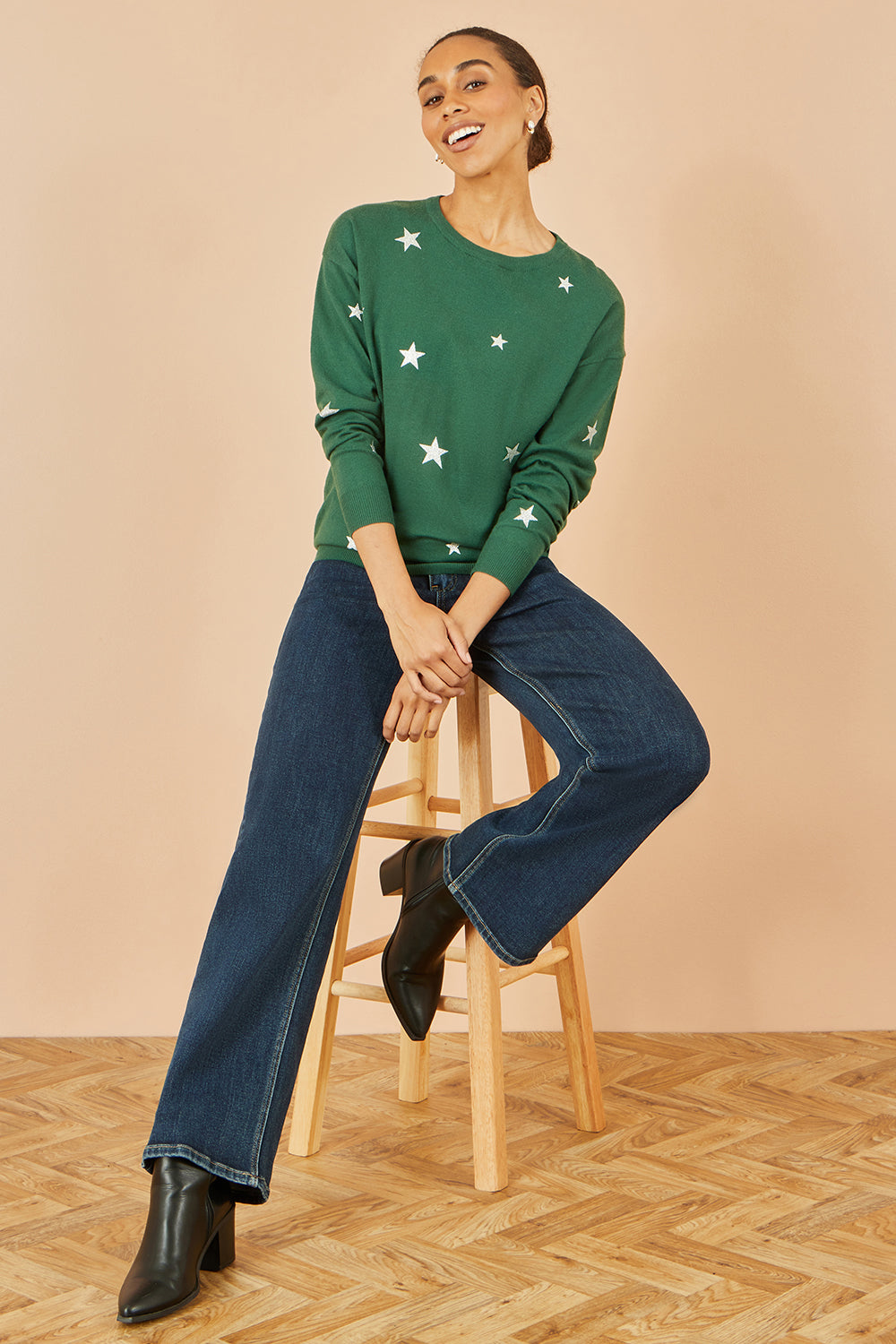 Yumi Womens Star Print Jumper Gold Foil Soft Knit Casual Fine Knit Sweater - QHA UK