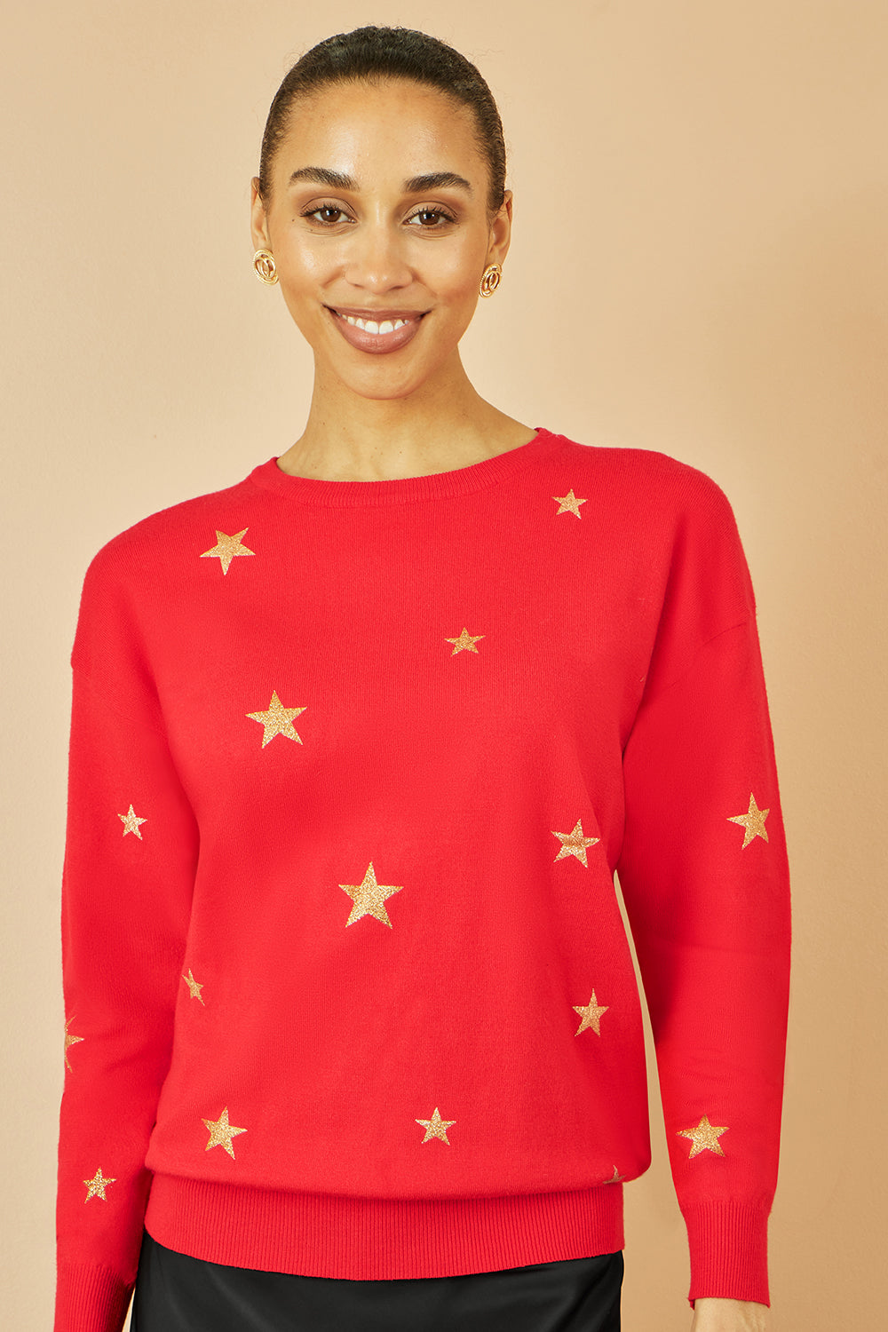 Yumi Red Gold Foil Star Print Relaxed Fit Jumper - QHA UK