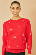 Yumi Red Gold Foil Star Print Relaxed Fit Jumper - QHA UK